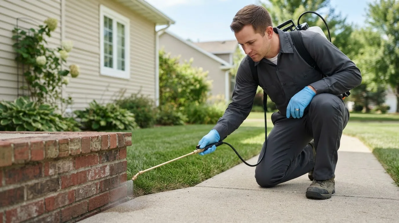 Pest control technician treating a home near Bradford, NY
